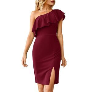 Caramitty Burgundy One Shoulder Bodycon Sexy Cocktail Dress Sz M